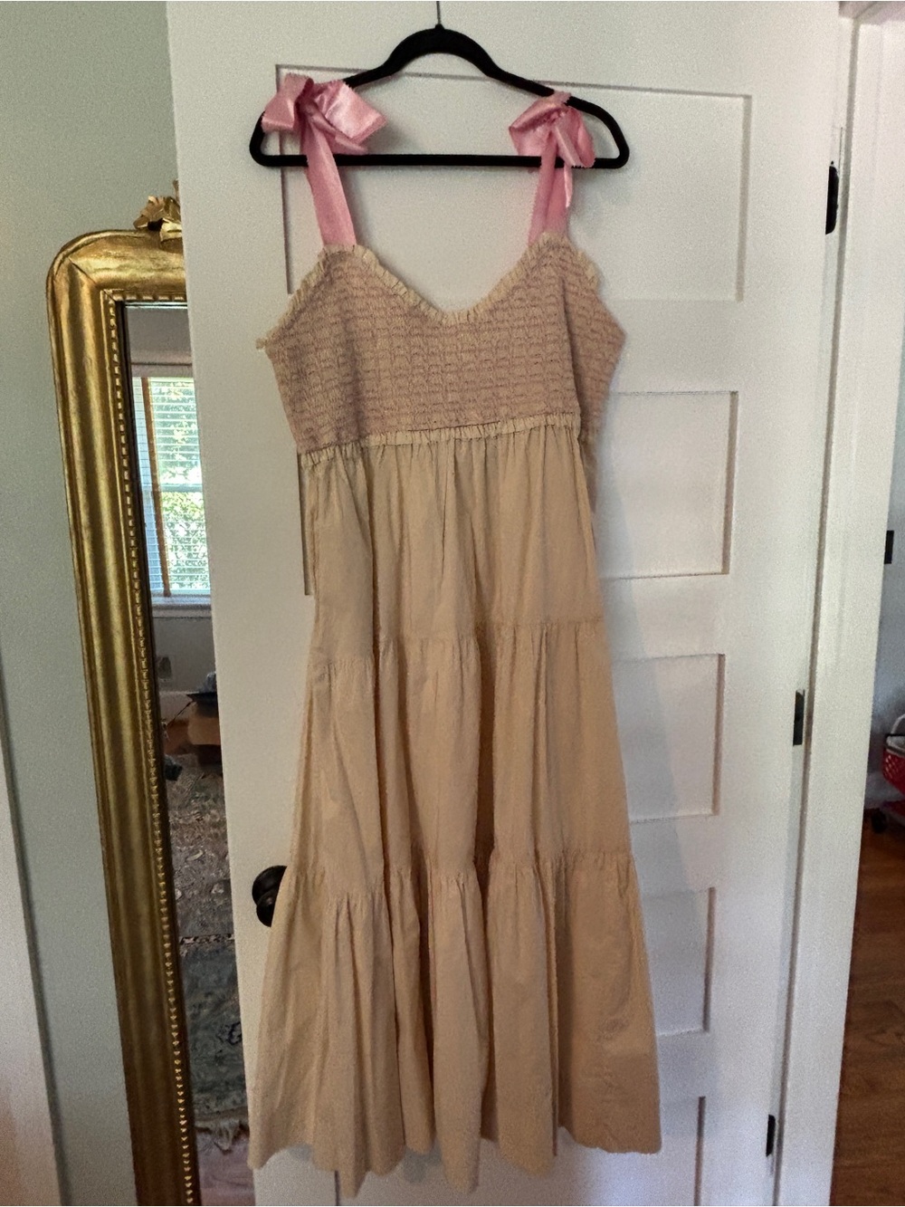 Love Beige Tiered Maxi Dress with Pink Ribbon Straps
